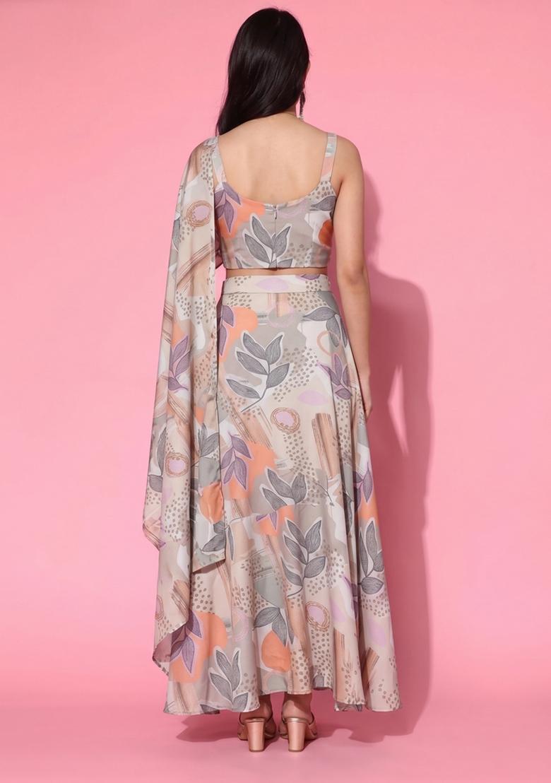 Grey Printed Organza Pre Draped Saree Set - Indya