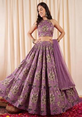 Mauve Embroidered Crepe Lehenga Set