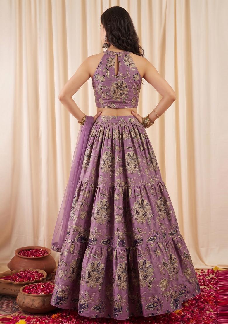 Mauve Embroidered Crepe Lehenga Set - Indya