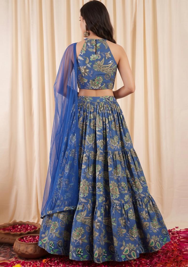 Royal Blue Embroidered Crepe Lehenga Set - Indya