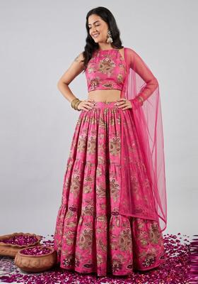 Pink Printed Crepe Lehenga Set