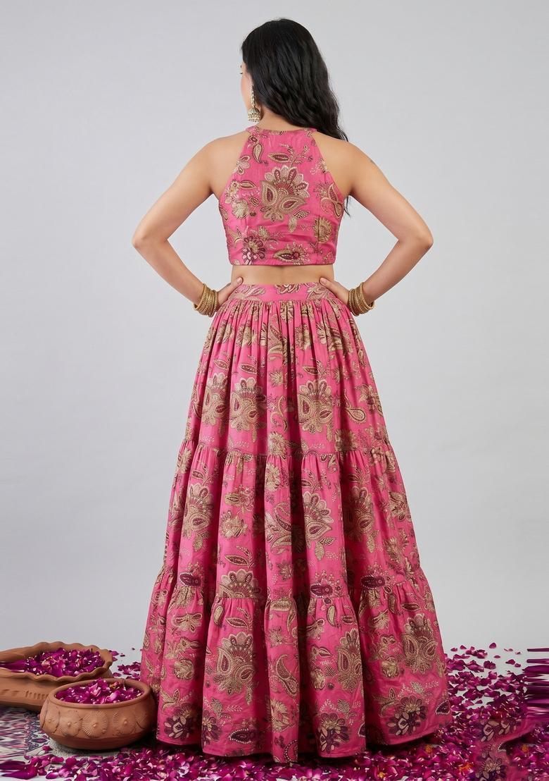 Pink Printed Crepe Lehenga Set - Indya