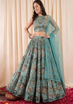 Teal Blue Embroidered Crepe Lehenga Set