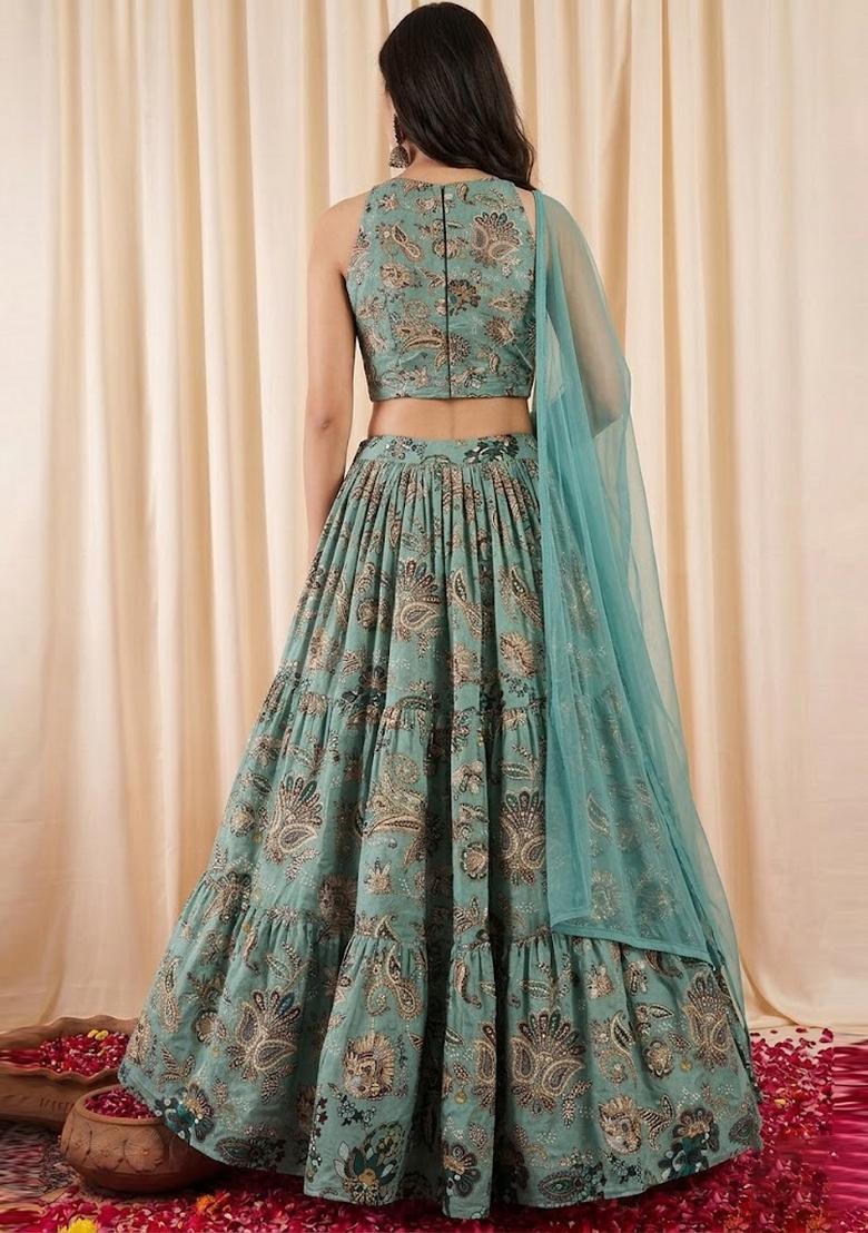 Teal Blue Embroidered Crepe Lehenga Set - Indya