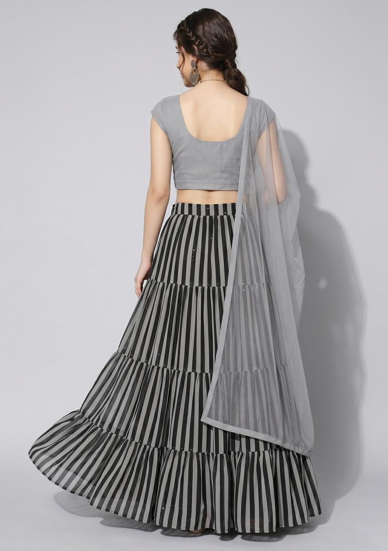 Grey Printed Georgette Lehenga Set - Indya