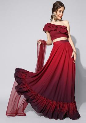 Red Printed Georgette Lehenga Set