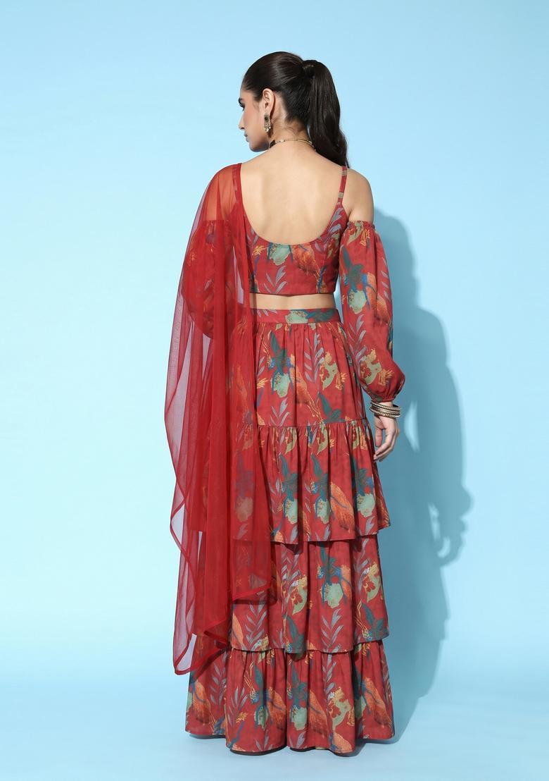 Red Printed Crepe Lehenga Set - Indya