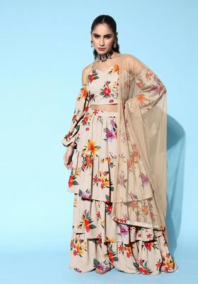 Khaki Printed Crepe Fusion Set