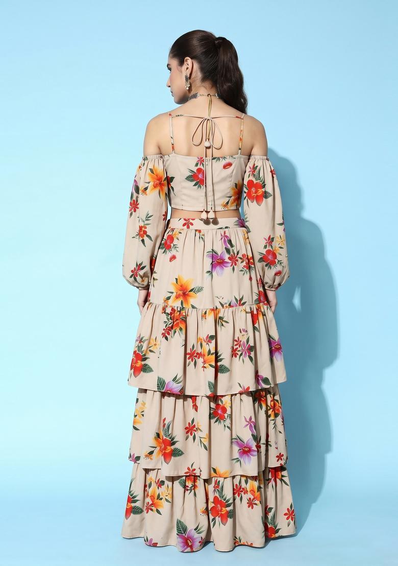 Khaki Printed Crepe Fusion Set - Indya