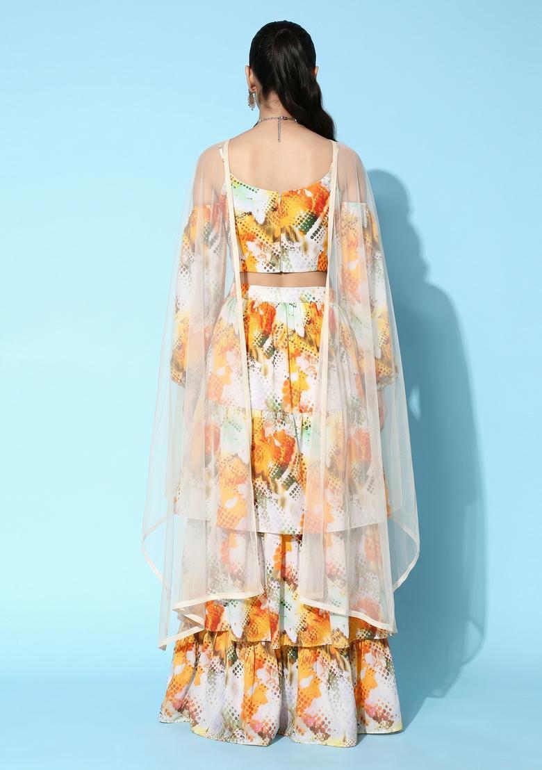 Off White Printed Crepe Lehenga Set - Indya