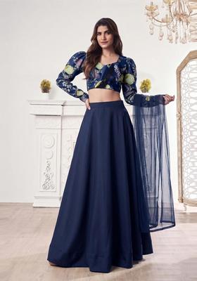 Navy Blue Printed Lehenga Set