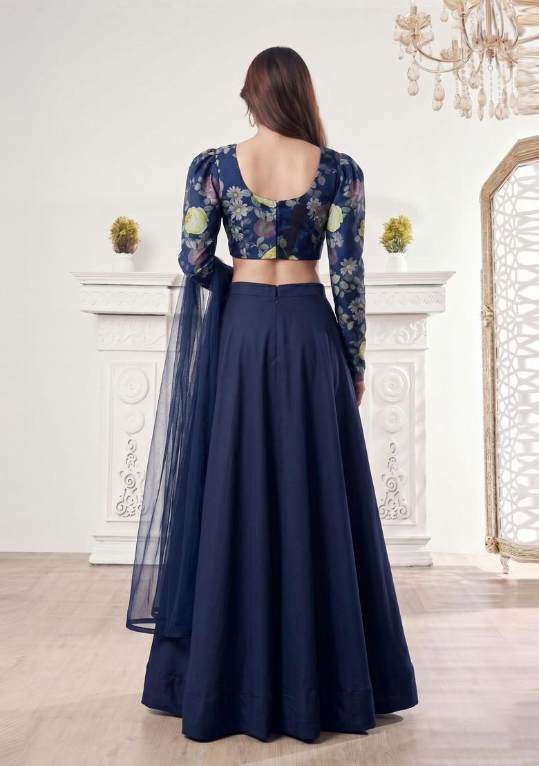 Navy Blue Printed Lehenga Set - Indya