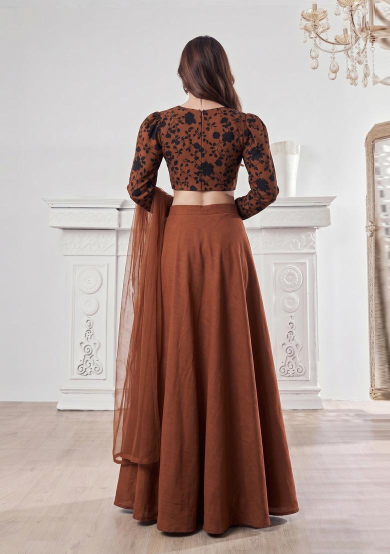Brown Printed Lehenga Set - Indya