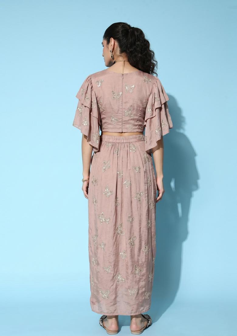 Dusty Mauve Embroidered Organza Fusion Set - Indya