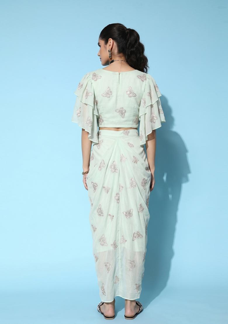Off White Embroidered Organza Fusion Set - Indya