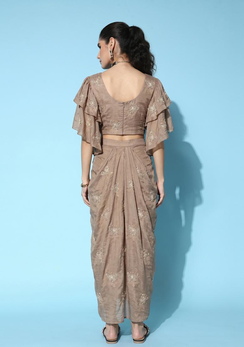 Brown Embroidered Organza Fusion Set - Indya
