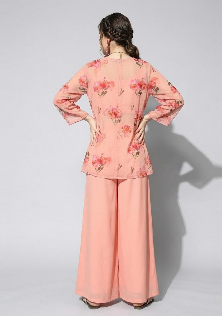 Peach Printed Chiffon Fusion Set - Indya