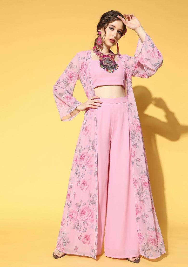 Light Pink Printed Chiffon Fusion Set - Indya