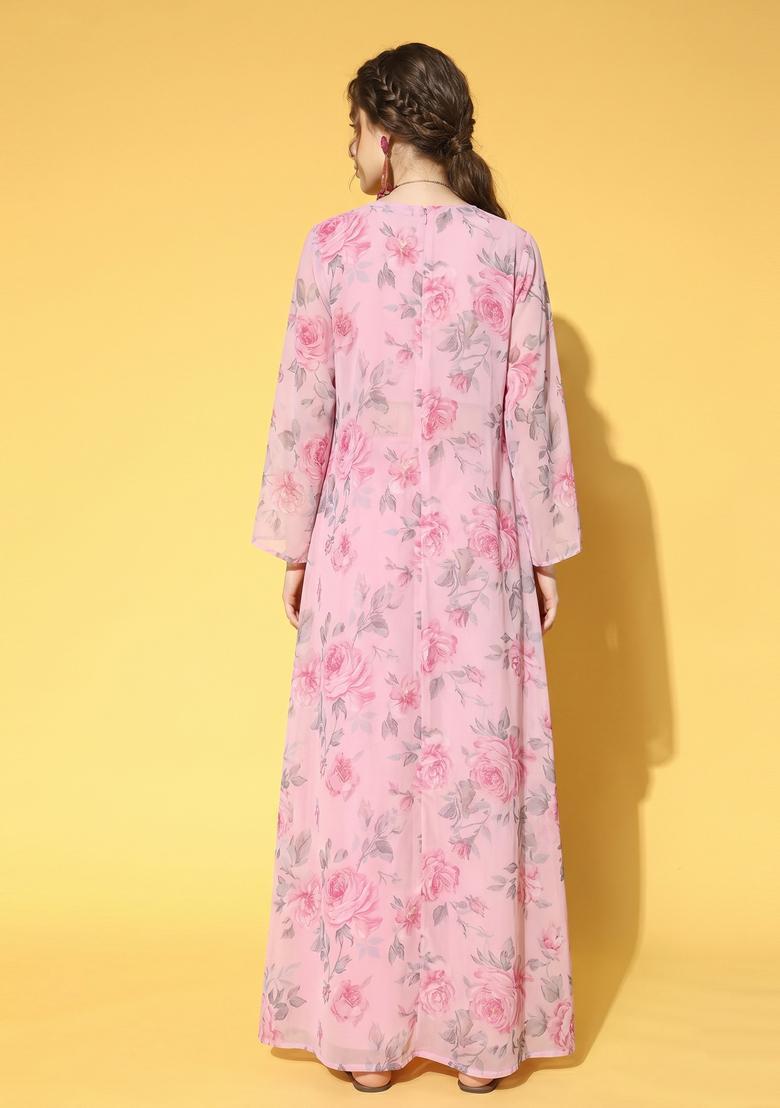 Light Pink Printed Chiffon Fusion Set - Indya