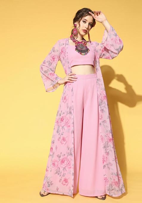 Light Pink Printed Chiffon Fusion Set