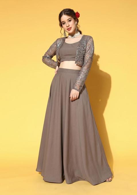 Brown Sequin Net Fusion Set