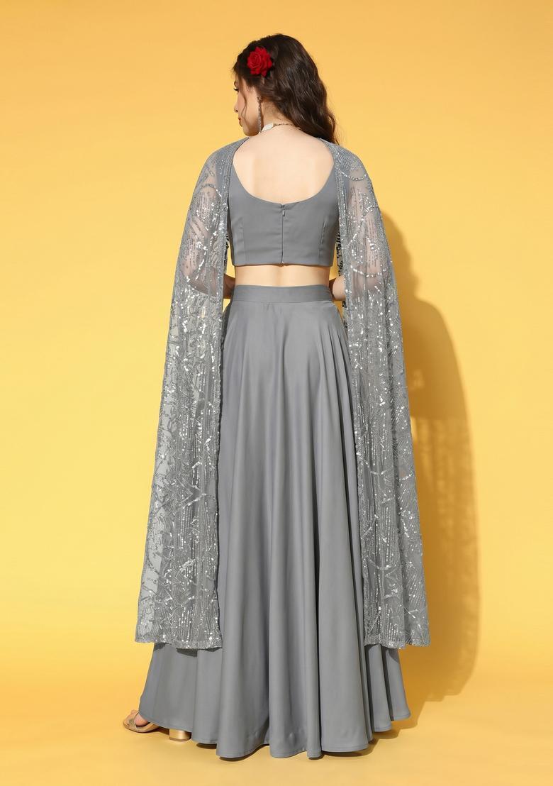 Grey Solid Net Fusion Set - Indya
