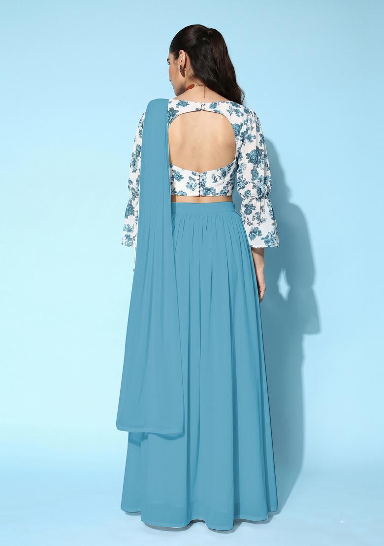 White Printed Crepe Lehenga Set - Indya