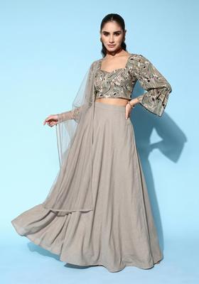 Grey Printed Crepe Lehenga Set