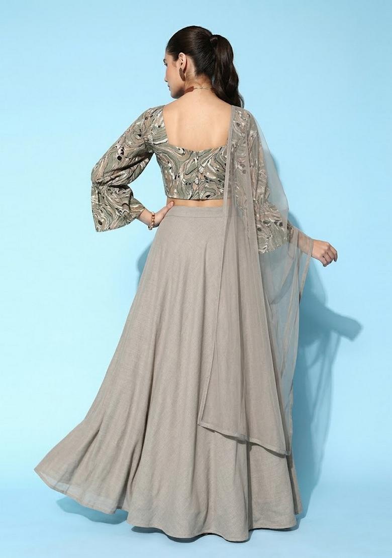 Grey Printed Crepe Lehenga Set - Indya
