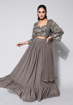 Grey Printed Crepe Lehenga Set