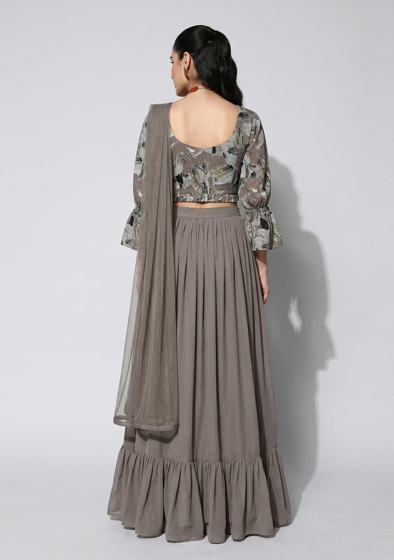 Grey Printed Crepe Lehenga Set - Indya