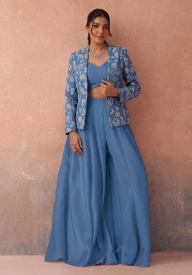 Dusty Blue Printed Organza Fusion Set