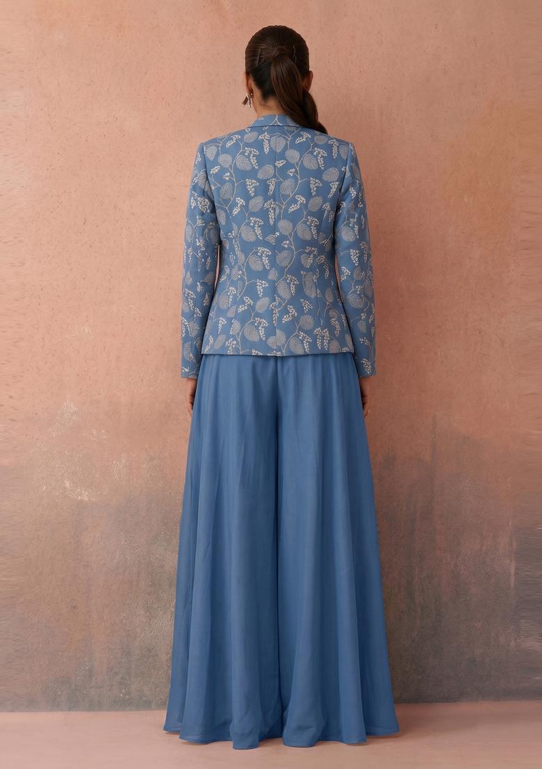 Dusty Blue Printed Organza Fusion Set - Indya