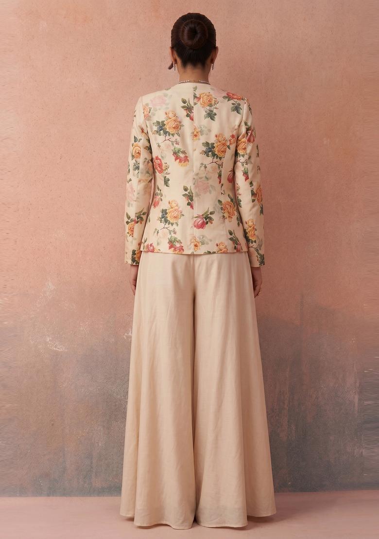 Beige Printed Organza Fusion Set - Indya
