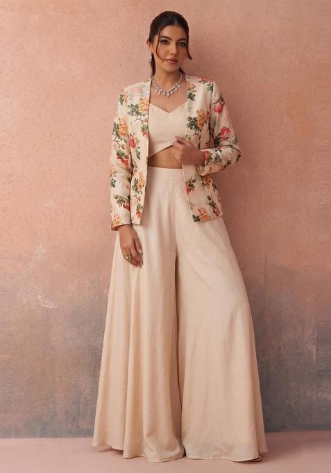 Beige Printed Organza Fusion Set