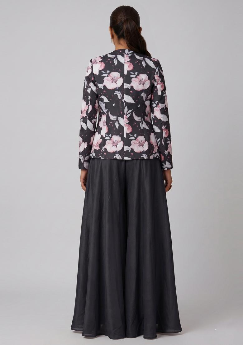 Black Printed Organza Fusion Set - Indya