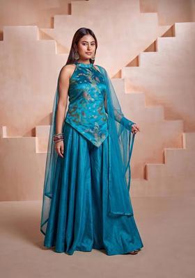 Teal Blue Embroidered Satin Fusion Set