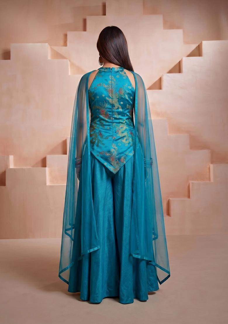 Teal Blue Embroidered Satin Fusion Set - Indya