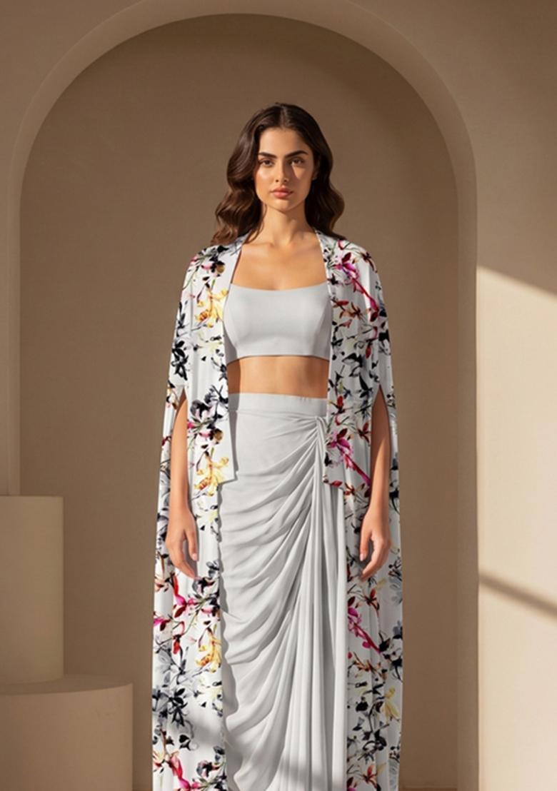 Light Grey Printed Silk Blend Fusion Set - Indya