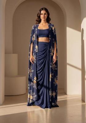 Navy Blue Printed Silk Blend Fusion Set