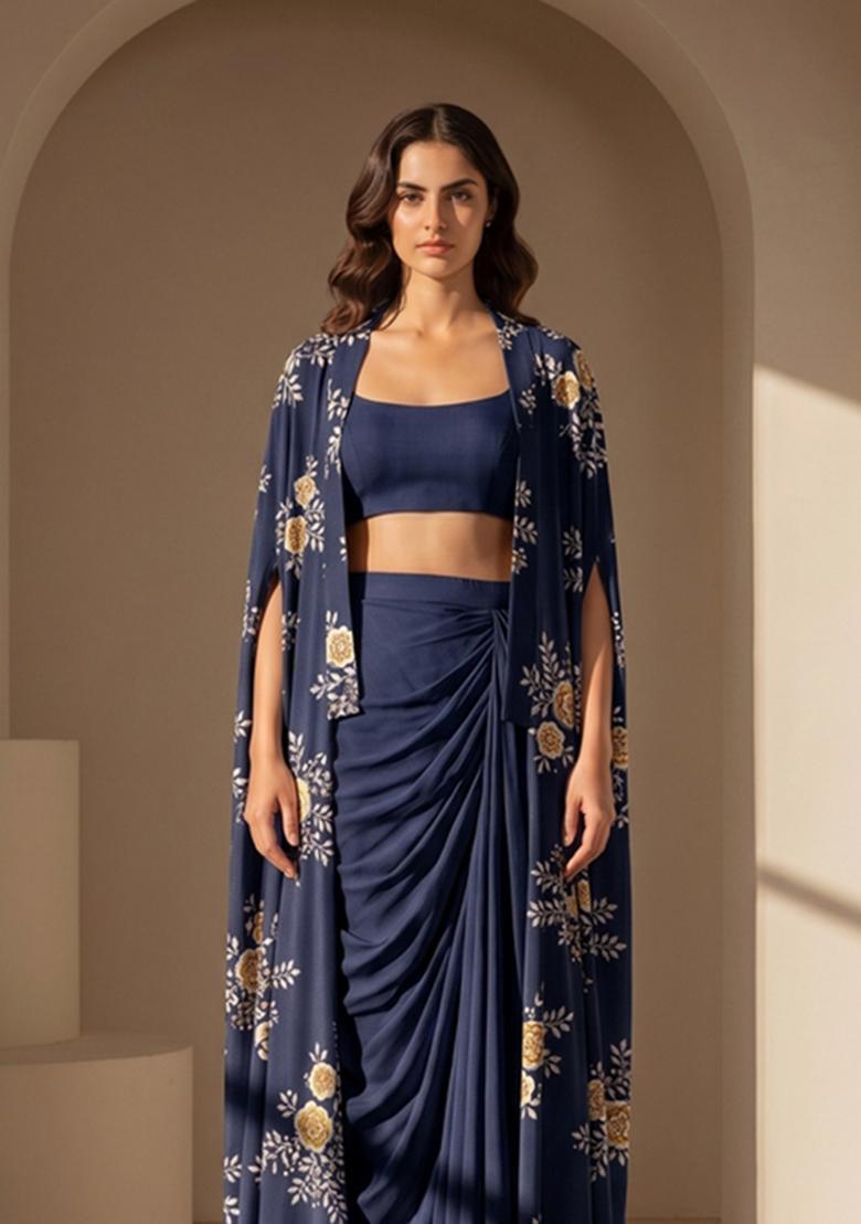 Navy Blue Printed Silk Blend Fusion Set - Indya
