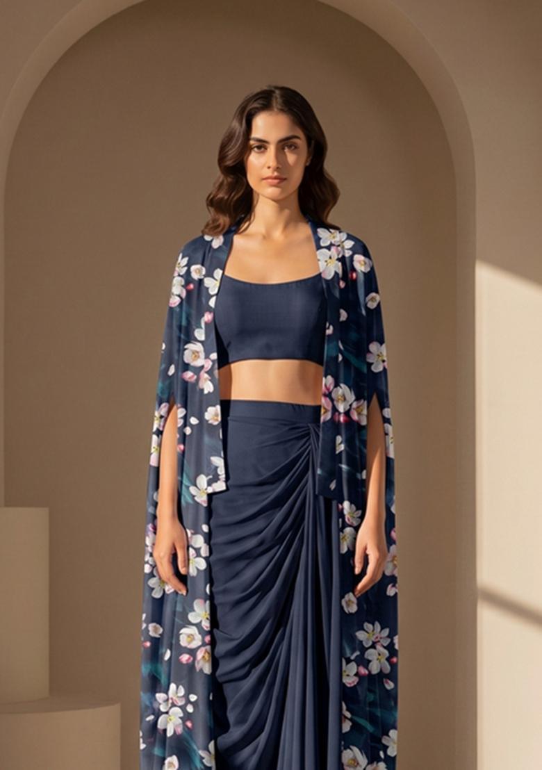 Navy Blue Printed Silk Blend Fusion Set - Indya