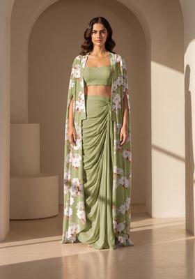 Olive Green Printed Silk Blend Fusion Set