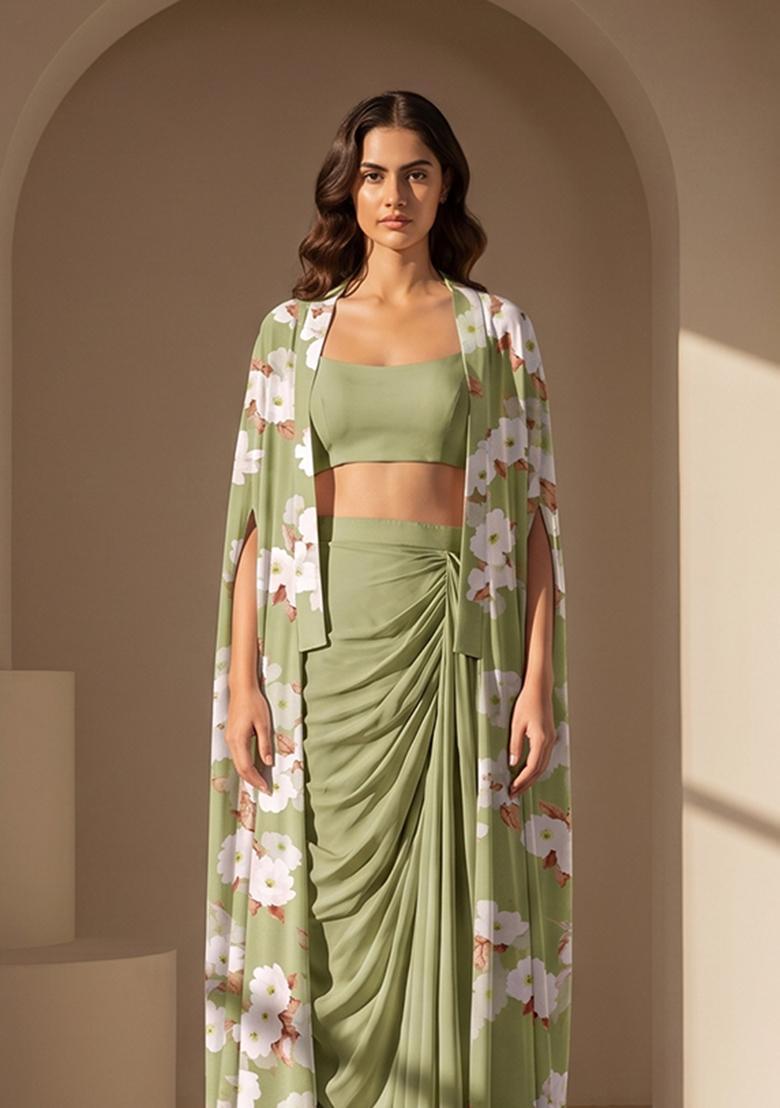 Olive Green Printed Silk Blend Fusion Set - Indya