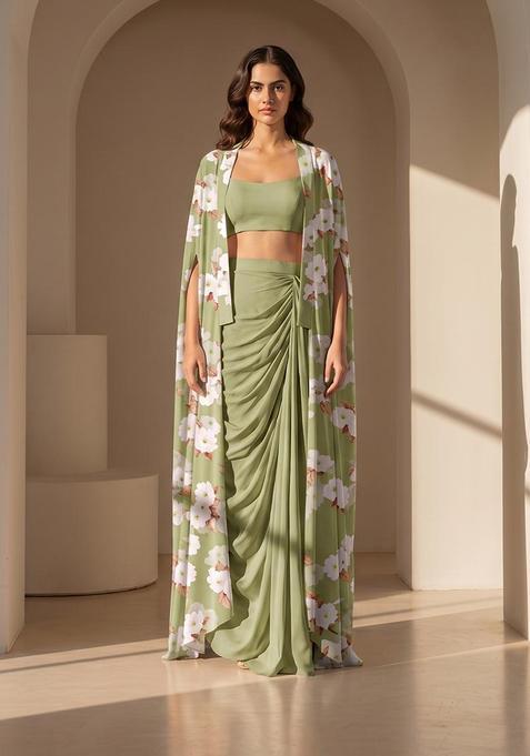 Olive Green Printed Silk Blend Fusion Set