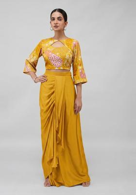 Mustard Printed Satin Fusion Set