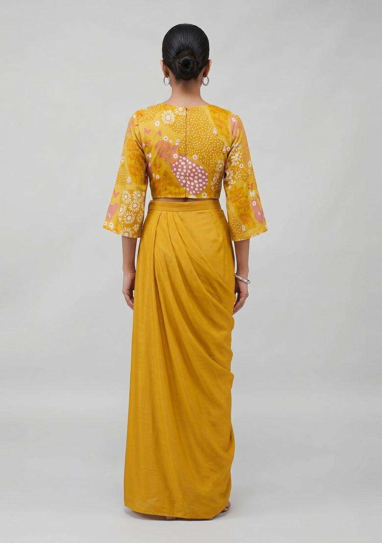 Mustard Printed Satin Fusion Set - Indya