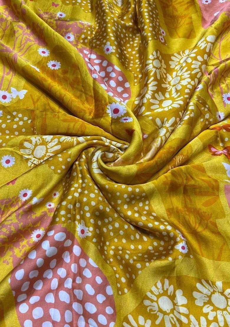 Mustard Printed Satin Fusion Set - Indya
