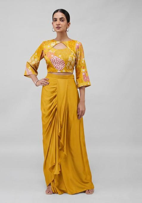 Mustard Printed Satin Fusion Set