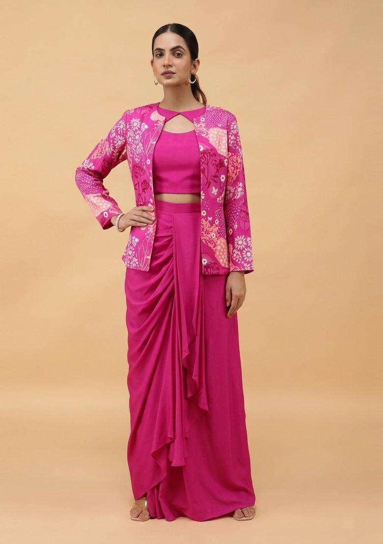 Magenta Printed Satin Fusion Set - Indya